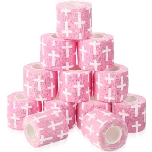 Geiserailie 12 Pack Christian Athletic Tapes 2 Inch x 5 Yards Self Adhesive Bandages Sports Wraps Breathable Elastic Wrap Non Woven Bandage for Wrist, Ankle, Baseball Football(Pink)