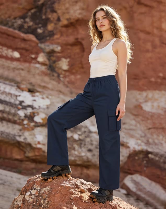 Women's Cargo Pants High Waisted Baggy Parachute Hiking Pants - Medium Navy Blue