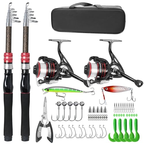 Carbon Fiber Fishing Pole Combo Set - 2 Rods & Reel, Tackle Kit, Saltwater & Freshwater