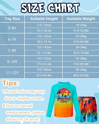Kids Boys Swim Set with Rash Guard & Trunks - Orange Green Beach and Coconut Tree, Size 5-6 Years