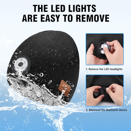 Bluetooth LED Beanie Hat, Rechargeable Music Beanie Cap for Winter, Headlamp hat Music hat & Calls, 3 Light Modes for Running Hiking Camping, Black (Unisex)