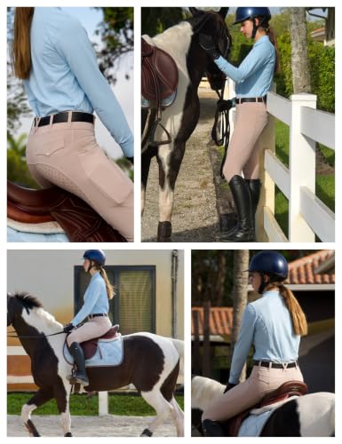 Women's Horse Riding Tights with Pockets - Full Seat Breeches, High Waist, Apricot Small Variation