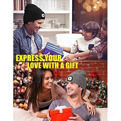 MELASA Unisex Hat with Light, USB Rechargeable Hands Free Headlamp LED Beanie, Winter Gifts for Men Dad Father Husband Him