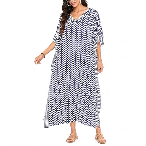 Indigo Blue Plus Size Caftan Maxi Dress for Women, Beach Cover Up Kimono Sleeve