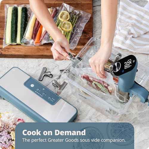Greater Goods Vacuum Sealer ? Powerful, Compact, with 4-in-1 Functions, Built-in Cutter, and Vacuum Seal Bags, Ideal for Sous Vide and Food Storage (Stone Blue)