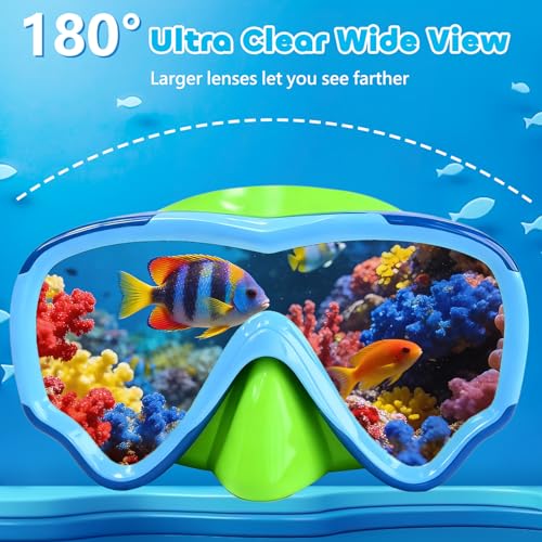 Kids Swim Goggles with Soft Fabric Strap & 3D No-Leak Nose Cover - Blue+Green