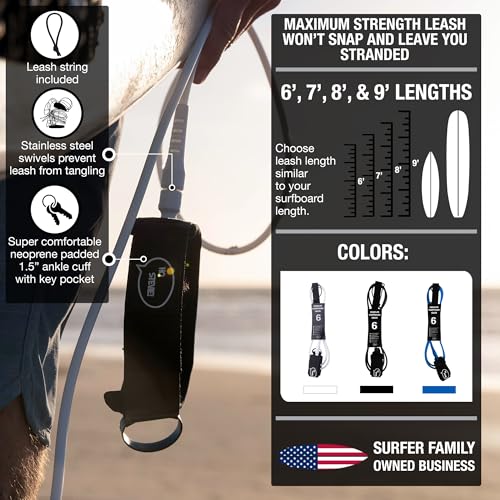 Ho Stevie! Premium Surf Leash Black 8 Feet - No Tangles, Lightweight, High-Strength