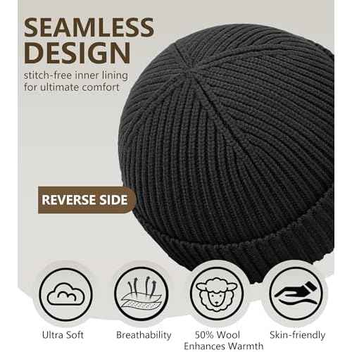 Seamless Beanie Hat for Men Women, Wool Fisherman Beanies, Unisex Cuffed Knit Warm Winter Hats Skull Cap Ski Caps