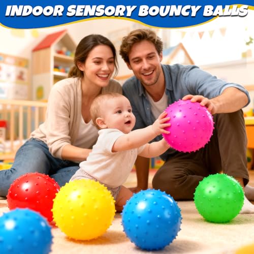 5 Pack 9-Inch Knobby Bouncy Balls - Sensory, Stress Relief & Massage Toys with Pump