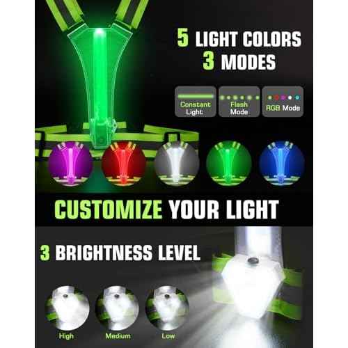 Zacro LED Reflective Vest with Chest Light 500LM, 5 RGB Colors High Visibility Rechargeable Light Up Running Vest IPX4 Night Safety Running Gear for Dog Walking, Cycling, Adjustable for Men Women Kids