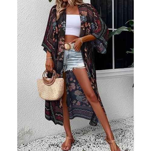 MayBuy Women's Summer Long Flowy Kimono Cardigans Boho Chiffon Beach Cover Up Tops