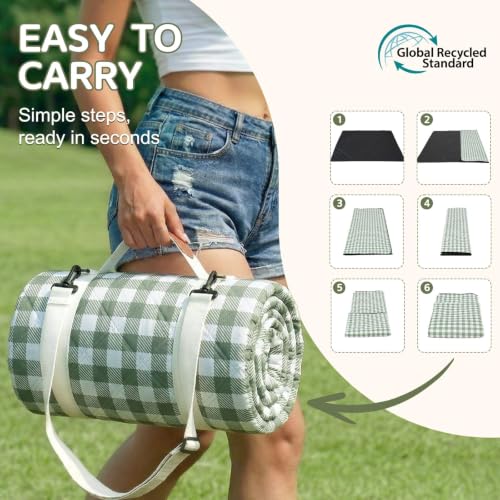 Boho Green Waterproof Picnic Blanket 6'8" x 6'8" Large Square Outdoor Beach & Camping Mat - Extra Large, Foldable, Sandproof, Family Friendly