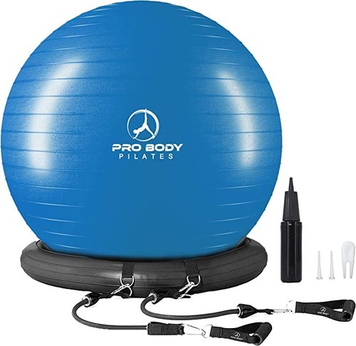 ProBody Pilates Yoga Ball Chair, Exercise Ball Chair with Base or Stand for Home Office Desk Sitting or Workout, 65cm Antiburst Balance Ball & Stability Ball Seat for Back, abs (Blue)