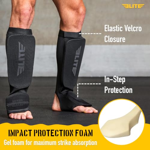 Elite Sports MMA Shin Pads with Instep Guard for Adults & Kids - All Black, L/XL