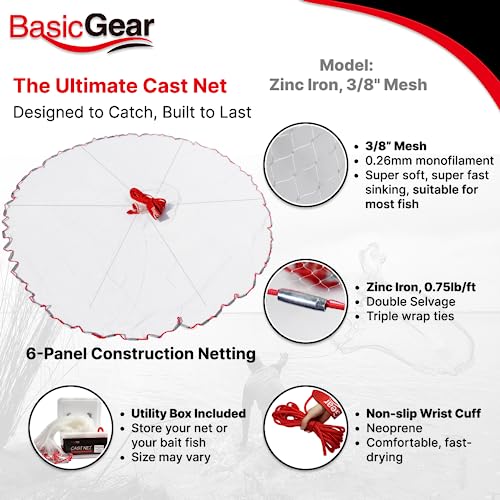 BasicGear 8ft Radius Cast Net - Zinc Iron Sinkers & 3/8" Mesh for Bait Fishing