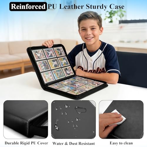 Black PU Leather Baseball Card Binder 900 Capacity with Removable Sleeves - Large