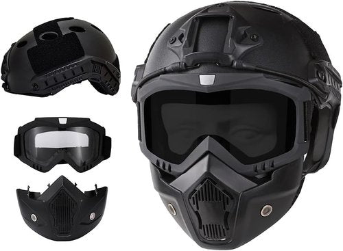 Airsoft Helmet and Full Face Mask, PJ Fast Helmet, Removable Anti-Fog Goggles, Suitable for Paintball, Role-Playing, CS Games