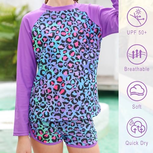 Girls 2-Piece Rash Guard Swimsuit Long Sleeve Tankini for 4-10Y - Leopard Purple, 6-7 Years