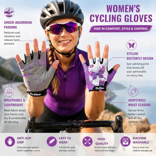 Purple Butterfly Women's Half Finger Cycling Gloves - Anti-Slip Shock Absorbing Pad