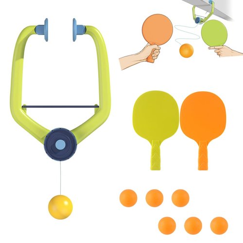 SquEqu Hanging Table Tennis Trainer with Doorway Clip Ping Pong Paddles Rackets and 6 Balls Table Tennis Training Set No Table Game for Kids Indoor Sports Door Frames Attachement Hit Shot Practice