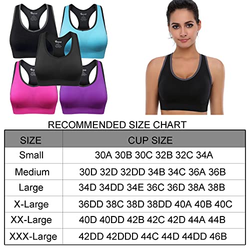Women's Seamless Racerback Sports Bra High Impact Support 5 Pack - Black, Blue, Grey, Purple, Rose Red