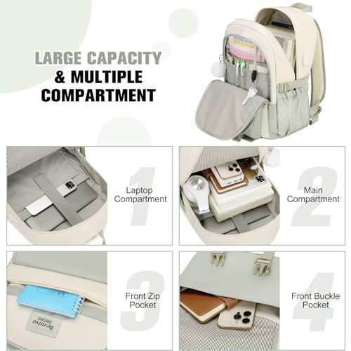 Girls Backpack Set with Lunch Box and USB Port - Green Beige, 17.3 Inch