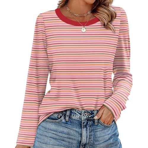 WIHOLL Womens Striped Long Sleeve Shirts Fall Outfits 2025 Color Block Tops Fashion Clothing Ribbed Crewneck Tee Blouses