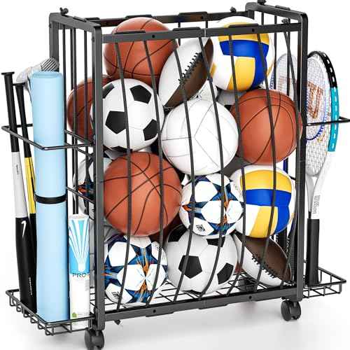 Sports Equipment Organizer Rolling Ball Storage Cart Garage Toy Storage Ball Holder Garage Organizer Sport Rack with Side Bracket for Basketball,Football, Garage, Gym