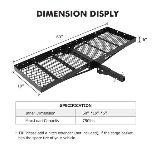 750 Lbs Capacity Hitch Mount Cargo Carrier Basket - Heavy-Duty Cargo Baskets, 60" x 19" x 6" Cargo Rack Rear Luggage Basket for Car and SUV