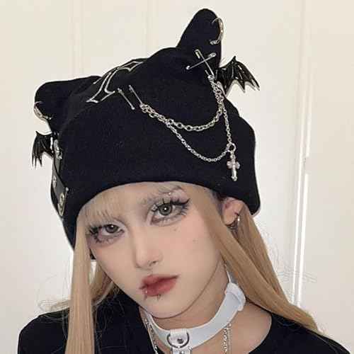 Y2k Goth Beanie Hats for Women Winter Punk Emo Grunge Cat Ear Knitted Cap Gothic Streetwear Halloween Accessories