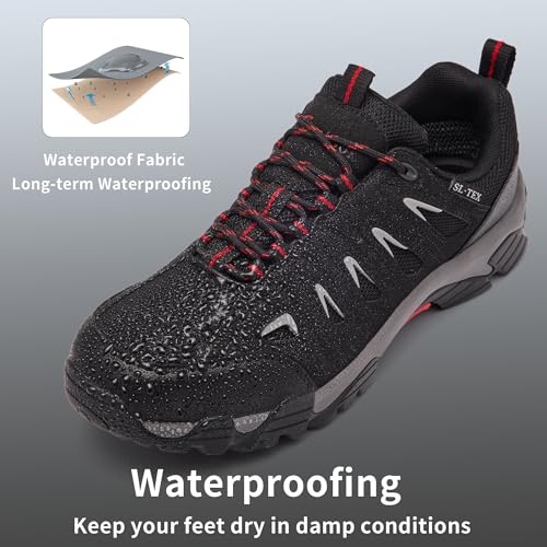 Men's Waterproof Hiking Shoes - Lightweight Low Top Trail Shoes Black Red 11