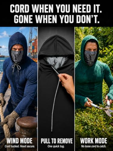 Men's UPF 50+ Sun Hoodie with Face Mask - Large, 5-Pack - Black White Grey Navy Blue Green