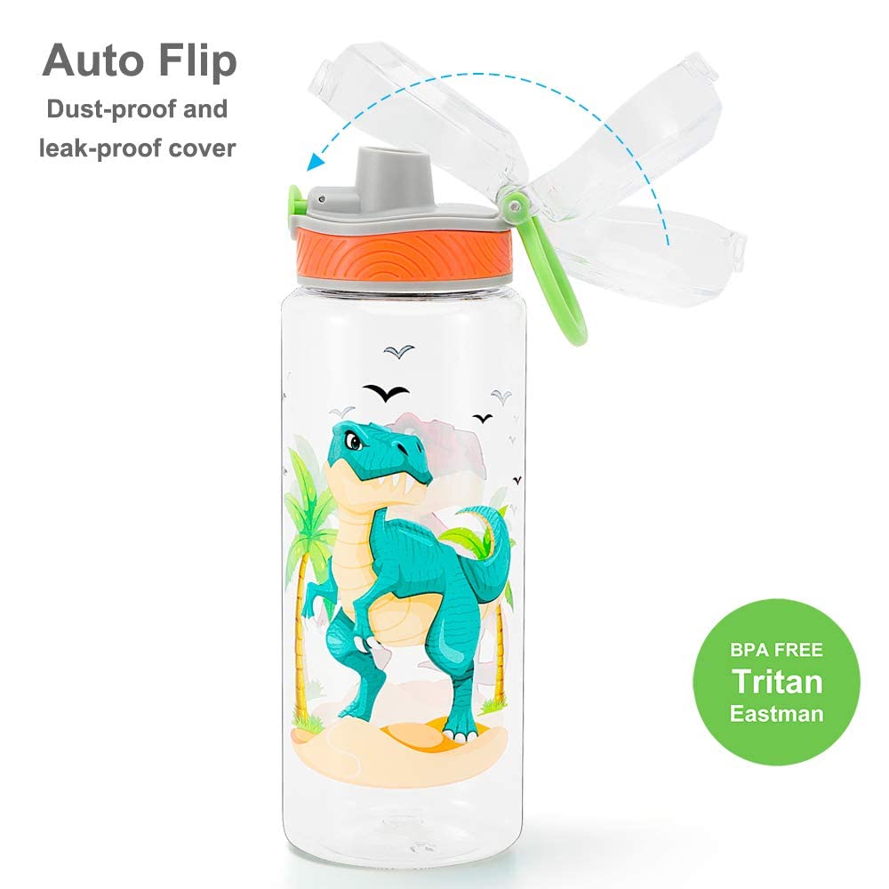 Home Tune 23oz Kids Water Bottle for School Boys, BPA FREE Tritan, Leak Proof Flip Top Lid, Easy Clean, Carry Handle - Dinosaur