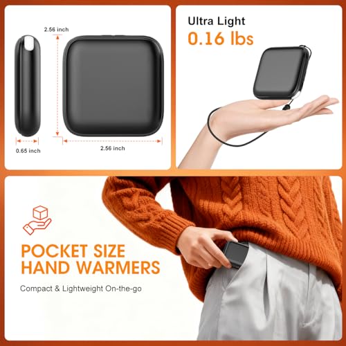Rechargeable Hand Warmers 2 Pack with LED Light - Black, 6000mAh, Fast Heating