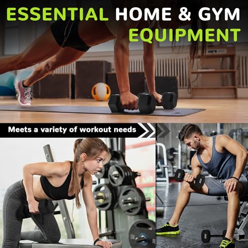 Fitvids Rubber Encased Exercise & Fitness Hex Dumbbell, Hand Weights with Anti-Slip Metal Handle for Home Gym, Multiple Sizes