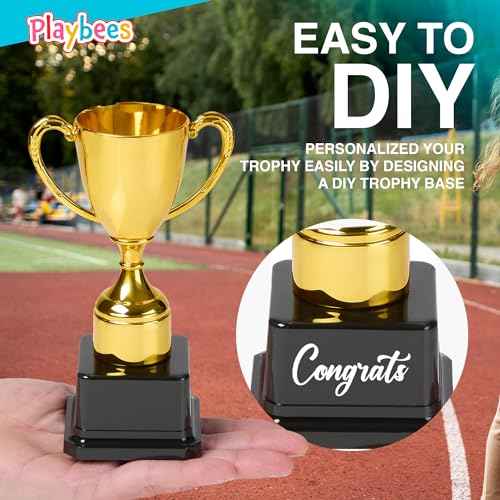 Playbees Fun Gold Plastic Trophies - 3 Pack - 7 Inch - Award Trophy Cup Set for Superstar Kids - Champion Celebrations, Sports Galore, and Victory Vibes - Desktop Toy