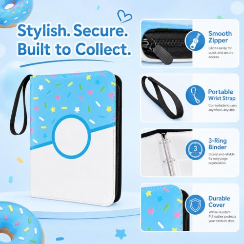 Blue Donut Card Binder for Trading Cards - Holds 400 Cards, Zipper Closure & Removable Pages