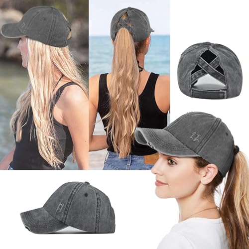Black Navy Distressed Ponytail Hat for Women - Criss Cross Baseball Cap with High Bun, 2 Pack