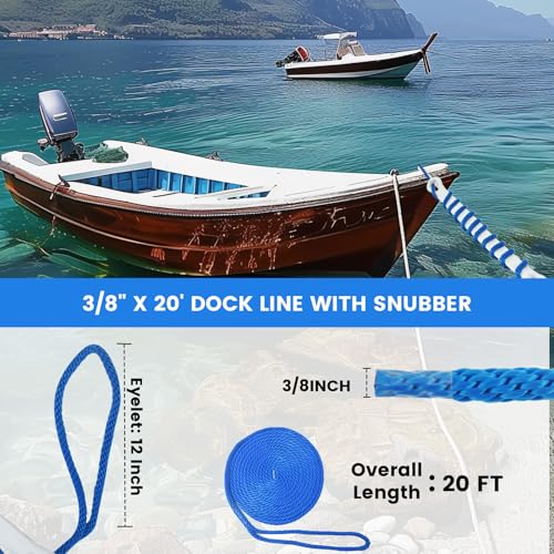 Blue 3/8-Inch x 20-Foot Marine Dock Line with Eyelet & Snubber - 1920lbs