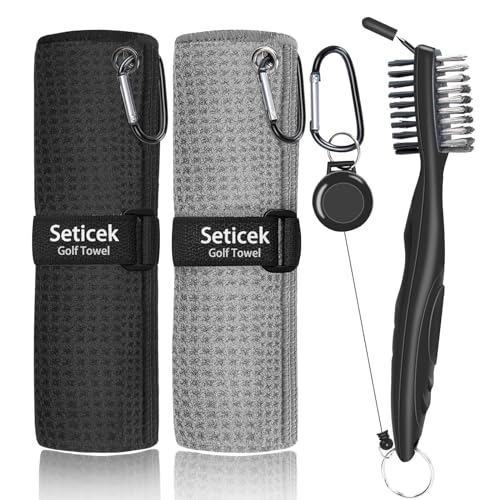 Golf Towel Set with Brush - Black & Gray 16x16 Inch Absorbent Microfiber