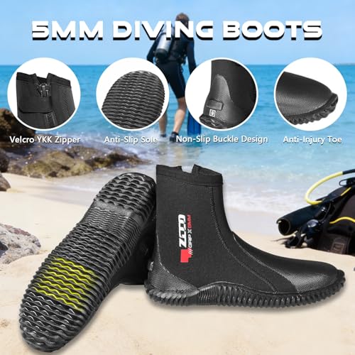 Men Women 5MM Neoprene Dive Boots with Anti-Slip Rubber Sole Zipper - Black, Size 6/7