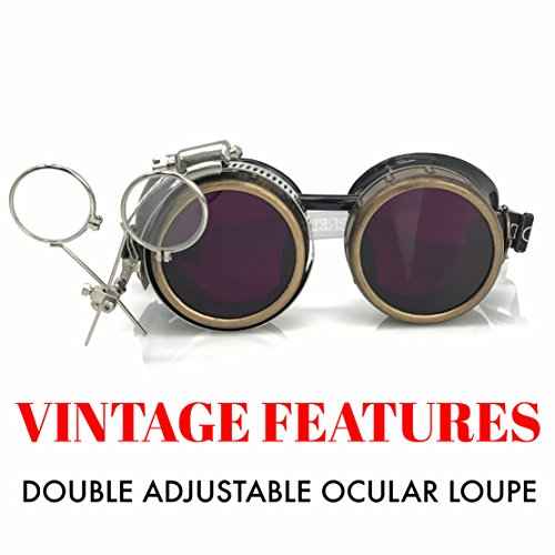 Steampunk Victorian Style Goggles with Compass Design & Ocular Loupe, Rave Glasses