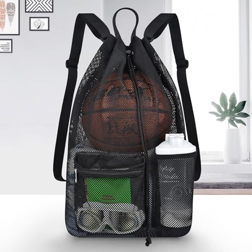 Large Mesh Drawstring Backpack for Gym & Travel - Black, 21x12.5x5.5 Inches