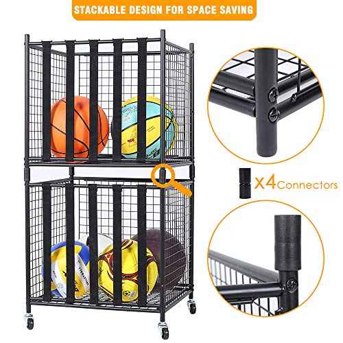 Snail Garage Sports Equipment Storage Organizer Sports Ball Storage Rolling Cart with Basket and Hooks Lockable Sports Ball Cage Storage Rack for Garages, Playgroup, Gym and Schools, Black