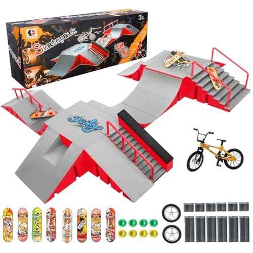 Finger Skateboard Park Kits,14-in-1 Bigger Finger Skateboard Ramp Set with 14 Ramps,8 Fingerboards,1 Finger Bike, Skate Park Kit,Fingerboard Skatepark Half Pipe Toys Gifts for Ages 3+