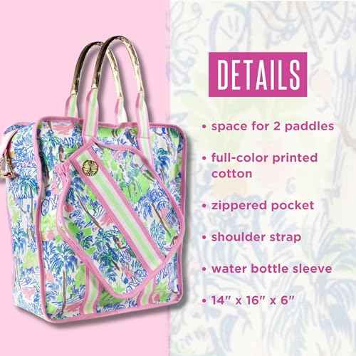 Lilly Pulitzer Pickleball Bag for Women with Storage for 2 Paddles, Zipper Pocket, Waterbottle Sleeve and Gold Details, Serving it Up