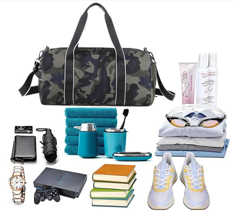 Kids Camouflage Overnight Duffle Bag with Shoe & Wet Pocket - Army Green