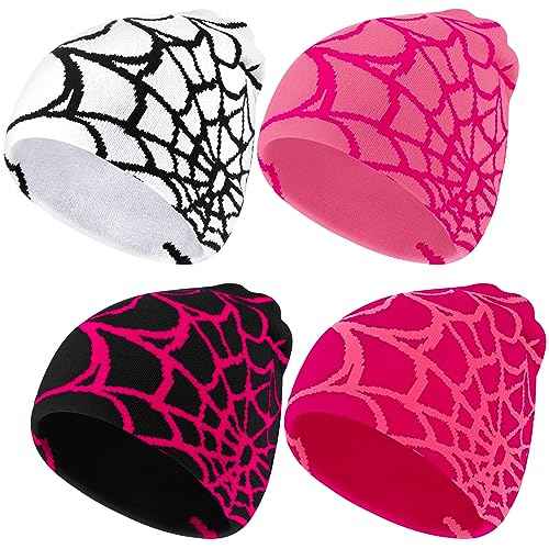 Jeyiour 4 Pcs Y2k Beanies Spider Web Pattern Beanie Gothic Acrylic Knitted Hat Casual Streetwear Outdoor for Men Women
