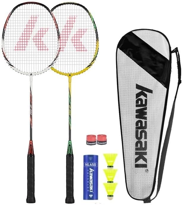 Kawasaki Badminton Set Professional Graphite Badminton Racket Lightweight & high Performance for Sports, Training and Entertainment Including 3 Badminton shuttlecocks & 2 overgrips & Carrying Bag