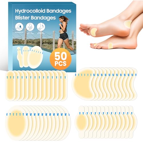 50 Pcs Hydrocolloid Bandages, Blister Bandages for Feet - Waterproof Blister Pads Blister Cushions for Heel and Toe Protection, 4 Shape Blister Bandaids Variety Pack for Blister Prevention